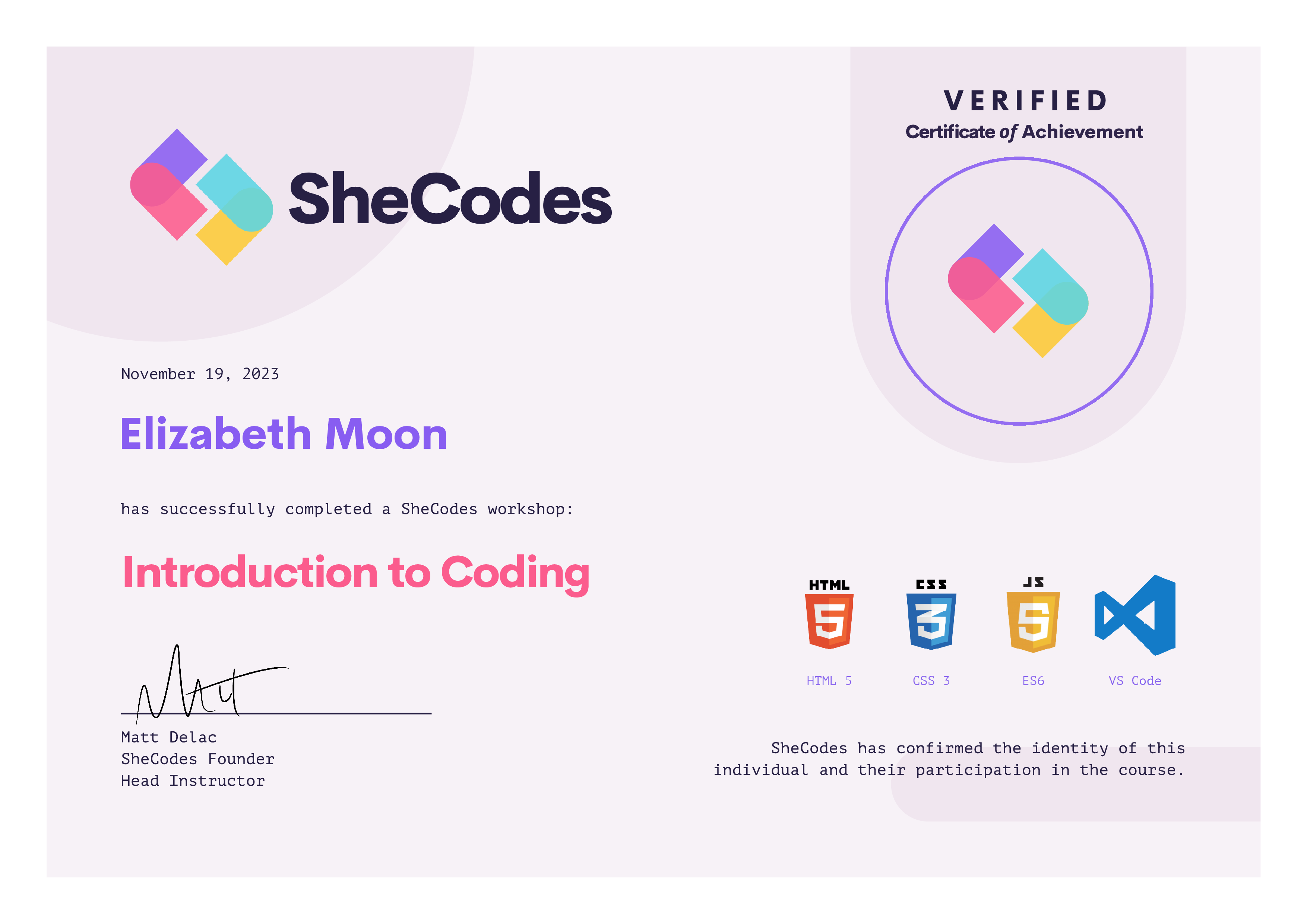 SheCodes Plus certificates