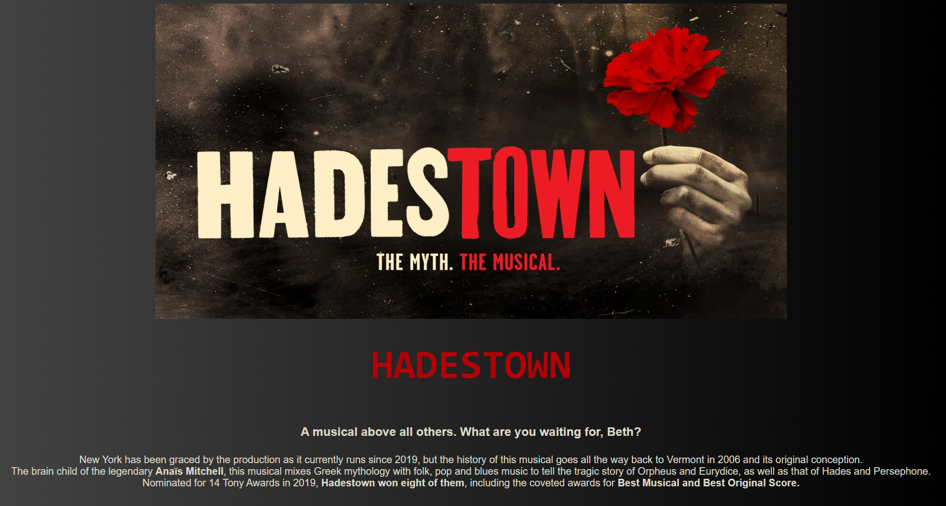 Hadestown webpage preview